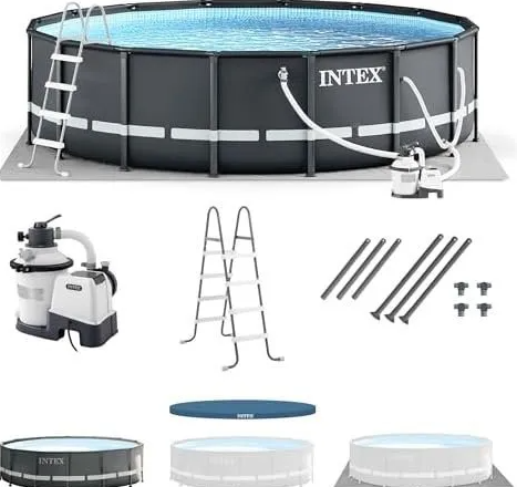 Intex Ultra XTR Frame 14′ x 42″ Round Above Ground Outdoor Swimming Pool Set with Sand Filter Pump, Ladder, Ground Cloth, and Pool Cover